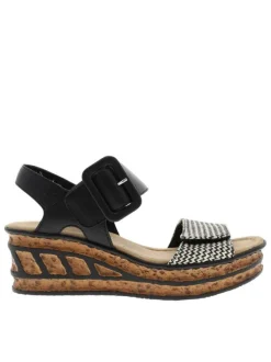 Nu-pieds noirs à semelle compensée haute et à boucle à ardillon