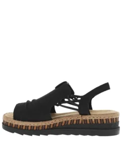 Nu-pieds noirs à talon compensé bas avec cordes élastiquées et logo métallique