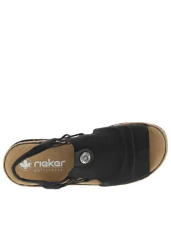 Nu-pieds noirs à talon compensé bas avec cordes élastiquées et logo métallique