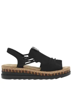 Nu-pieds noirs à talon compensé bas avec cordes élastiquées et logo métallique