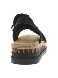 Nu-pieds noirs à talon compensé bas avec cordes élastiquées et logo métallique