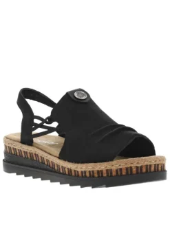 Nu-pieds noirs à talon compensé bas avec cordes élastiquées et logo métallique