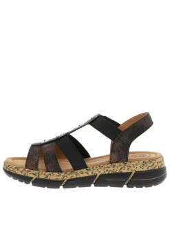 Nu-pieds noirs à talon compensé bas avec des bandes élastiquées ornées de strass