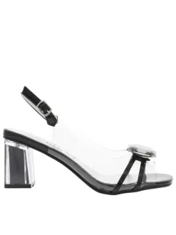 Nu-pieds noirs à talon décroché haut pailleté avec bijoux et boucle à ardillon