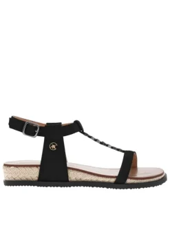 Nu-pieds noirs à talon semi-compensé, à boucle à ardillon, semelle cordée