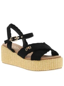 Nu-pieds noirs à talon semi-compensée avec une boucle à ardillon