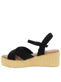 Nu-pieds noirs à talon semi-compensée avec une boucle à ardillon