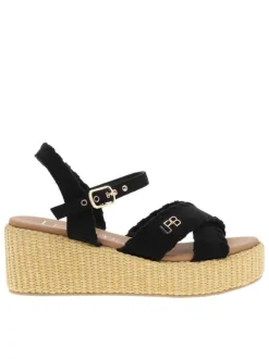 Nu-pieds noirs à talon semi-compensée avec une boucle à ardillon