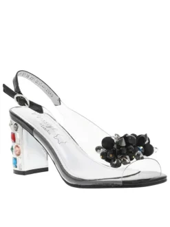 Nu-pieds noirs vernis et transparents à talon décroché haut avec bijoux