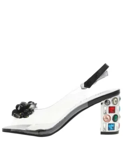 Nu-pieds noirs vernis et transparents à talon décroché haut avec bijoux