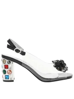 Nu-pieds noirs vernis et transparents à talon décroché haut avec bijoux