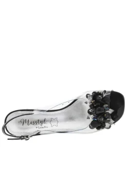 Nu-pieds noirs vernis et transparents à talon décroché haut avec bijoux