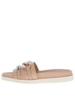 Nu-pieds ouverts en cuir rose à semelle plate contrastée et maillons argentés