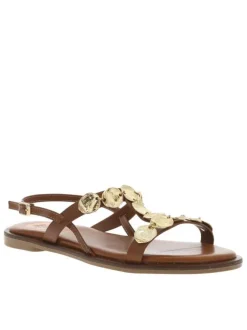 Nu-pieds plats en cuir marron à détails métallisés et à boucle à ardillon