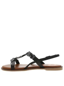Nu-pieds plats en cuir noir à détails métallisés et à boucle à ardillon