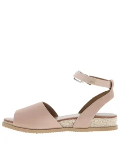 Nu-pieds rose avec détails en corde un talon compensé bas et boucle à ardillon
