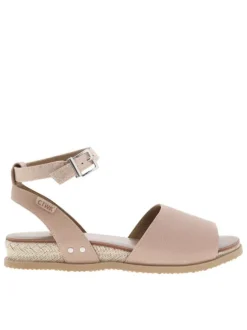 Nu-pieds rose avec détails en corde un talon compensé bas et boucle à ardillon