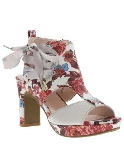 Nu-pieds rouges et blancs à motif floral avec talon décroché haut et flot
