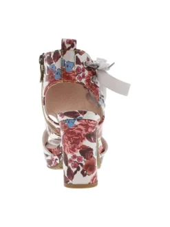 Nu-pieds rouges et blancs à motif floral avec talon décroché haut et flot