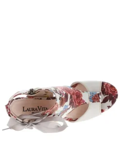 Nu-pieds rouges et blancs à motif floral avec talon décroché haut et flot