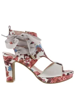 Nu-pieds rouges et blancs à motif floral avec talon décroché haut et flot
