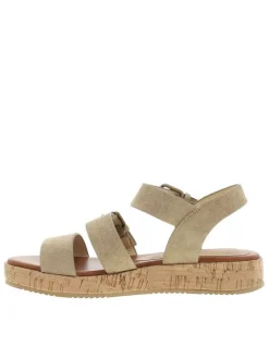 Nu-pieds sable à semelle compensé bas et une fermeture à boucle à ardillon