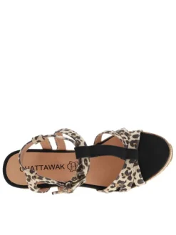 Nu-pieds simili cuir léopard à talon compensé haut aspect liège et boucle