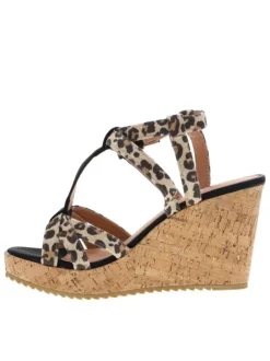 Nu-pieds simili cuir léopard à talon compensé haut aspect liège et boucle