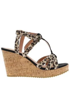 Nu-pieds simili cuir léopard à talon compensé haut aspect liège et boucle