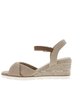 Nu-pieds taupe à talon compensé en paille tressée et à boucle à ardillon