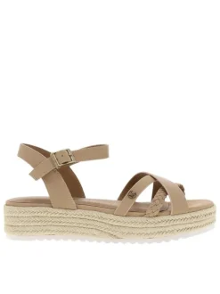 Nu-pieds taupe à talon plateforme avec une boucle à ardillon