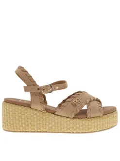 Nu-pieds taupe à talon semi-compensée avec une boucle à ardillon
