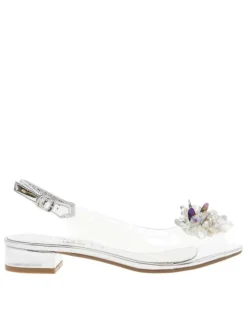 Nu-pieds transparents et argentés à talon décroché avec bijoux multicolores