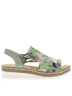 Nu-pieds vert à semelle compensée avec des soufflets élastiqués