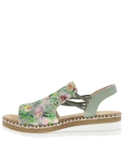 Nu-pieds vert à semelle compensée avec des soufflets élastiqués