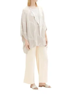 Pancho fantaisie en viscose beige à lignes écrues, col V à revers