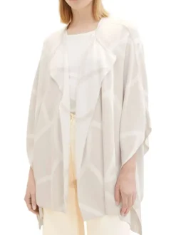 Pancho fantaisie en viscose beige à lignes écrues, col V à revers
