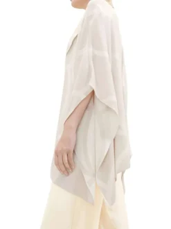 Pancho fantaisie en viscose beige à lignes écrues, col V à revers