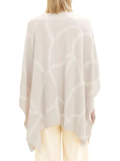 Pancho fantaisie en viscose beige à lignes écrues, col V à revers