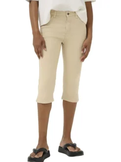 Pantacourt en coton mélangé beige uni pourvu d'une taille intermédiaire