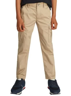 Pantalon Cargo beige uni avec une coupe droite et des passants pour ceinture