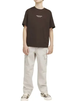 Pantalon cargo beige uni en coton à coupe droite avec 6 poches et logo blanc