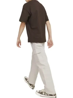 Pantalon cargo beige uni en coton à coupe droite avec 6 poches et logo blanc