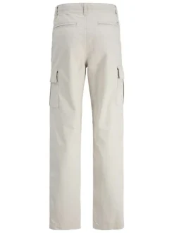 Pantalon cargo beige uni en coton à coupe droite avec 6 poches et logo blanc