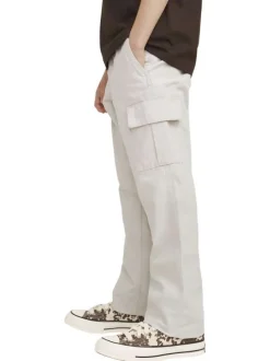 Pantalon cargo beige uni en coton à coupe droite avec 6 poches et logo blanc