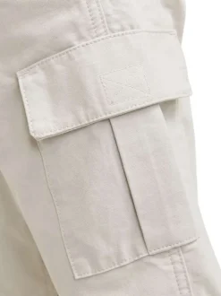 Pantalon cargo beige uni en coton à coupe droite avec 6 poches et logo blanc