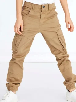Pantalon cargo en coton camel uni avec une coupe slim et des poches
