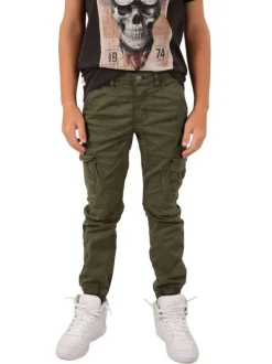 Pantalon cargo en coton kaki à coupe slim avec logo cousu et 6 poches
