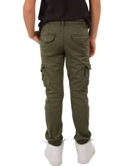 Pantalon cargo en coton kaki à coupe slim avec logo cousu et 6 poches