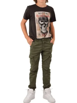 Pantalon cargo en coton kaki à coupe slim avec logo cousu et 6 poches